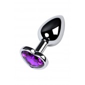 Серебристая коническая анальная пробка с фиолетовым кристаллом-сердечком - 7 см. - ToyFa - купить с доставкой в Первоуральске