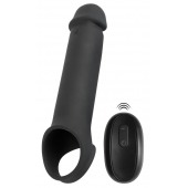 Черная вибронасадка для пениса с хомутом для мошонки и пультом ДУ Remote Controlled Penis Extension - Orion - в Первоуральске купить с доставкой