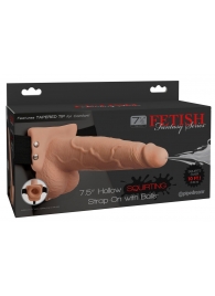 Телесный полый страпон с имитацией эякуляции 7.5  Hollow Squirting Strap-On with Balls Flesh - 21,6 см. - Pipedream - купить с доставкой в Первоуральске