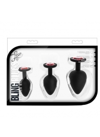 Набор черных анальных пробок с красным кристаллом-сердечком Bling Plugs Training Kit - Blush Novelties - купить с доставкой в Первоуральске