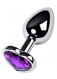 Серебристая коническая анальная пробка с фиолетовым кристаллом-сердечком - 7 см. - ToyFa - купить с доставкой в Первоуральске