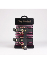 Черные кожаные оковы с розовой строчкой - Crazy Handmade - купить с доставкой в Первоуральске Черные кожаные оковы с розовой строчкой - Crazy Handmade - купить с доставкой в Первоуральске