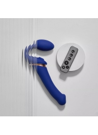 Синий безремневой страпон Multi Orgasm Bendable Strap-On size L с клиторальной стимуляцией - Strap-on-me - купить с доставкой в Первоуральске