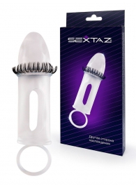 Закрытая насадка на пенис с подхватом мошонки и стимулирующими «ресничками» - Sextaz - в Первоуральске купить с доставкой