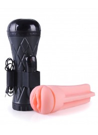 Телесный мастурбатор-вагина в черной колбе с вибрацией - Boys of Toys - в Первоуральске купить с доставкой