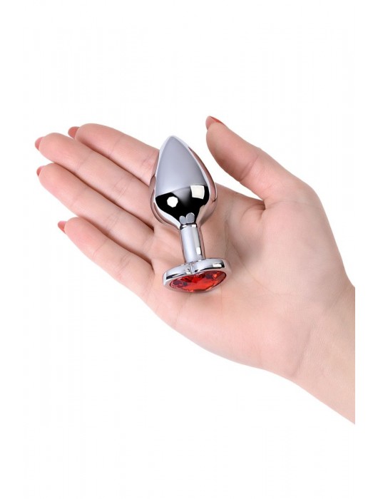 Серебристая коническая анальная пробка с красным кристаллом-сердечком - 7 см. - ToyFa - купить с доставкой в Первоуральске
