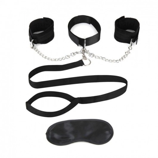 Чёрный ошейник с наручниками и поводком Collar Cuffs   Leash Set - Lux Fetish - купить с доставкой в Первоуральске