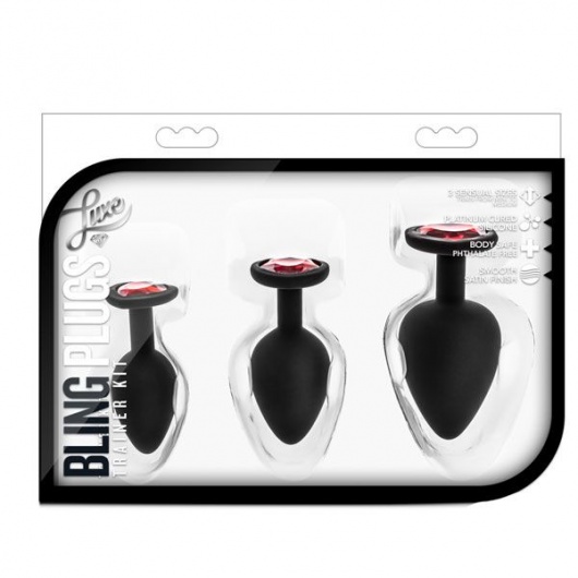 Набор черных анальных пробок с красным кристаллом-сердечком Bling Plugs Training Kit - Blush Novelties - купить с доставкой в Первоуральске
