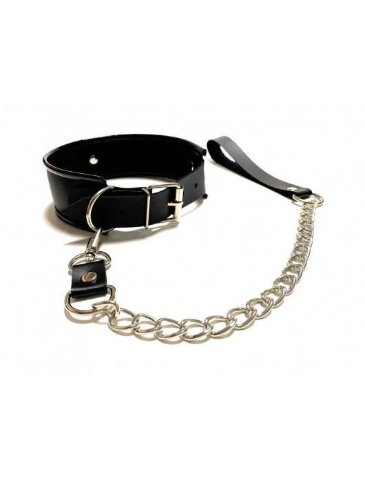Черный ошейник с поводком из эко-кожи - БДСМ Арсенал - купить с доставкой в Первоуральске