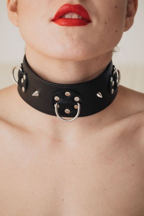 Чёрный кожаный ошейник с кольцами и клёпками - БДСМ Арсенал - купить с доставкой в Первоуральске