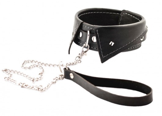 Черный ошейник-воротничок с металлическим поводком - Crazy Handmade - купить с доставкой в Первоуральске Черный ошейник-воротничок с металлическим поводком - Crazy Handmade - купить с доставкой в Первоуральске
