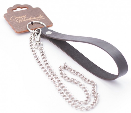 Серебристый металлический поводок с кожаной черной ручкой - 80 см. - Crazy Handmade - купить с доставкой в Первоуральске