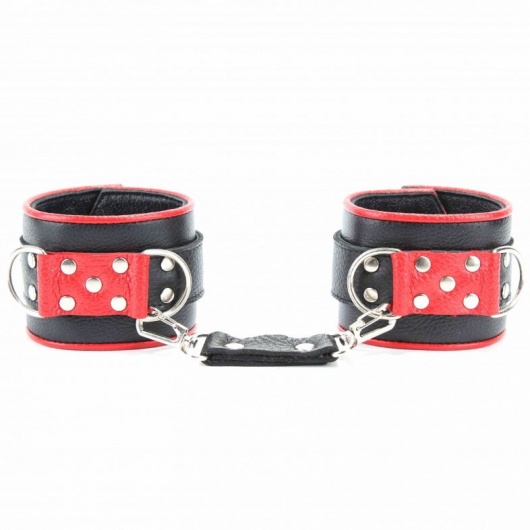 Широкие черные наручники с красным декором - БДСМ Арсенал - купить с доставкой в Первоуральске