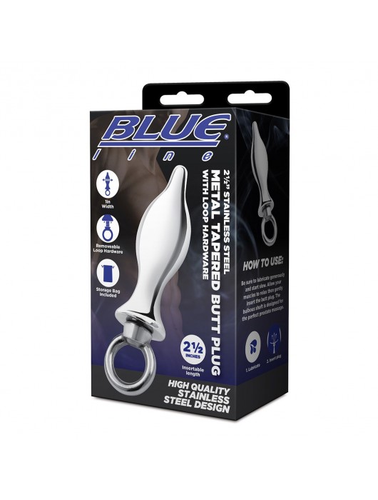 Металлический плаг с кольцом Stainless Steel Metal Tapered Butt Plug With Loop Hardware - 10 см. - BlueLine