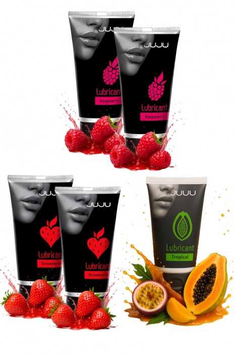 Набор из 5 съедобных лубрикантов JUJU (клубника х 2, малина х 2, тропические фрукты) - JuJu - купить с доставкой в Первоуральске
