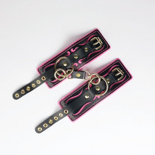 Черные кожаные наручники с розовой строчкой - Crazy Handmade - купить с доставкой в Первоуральске