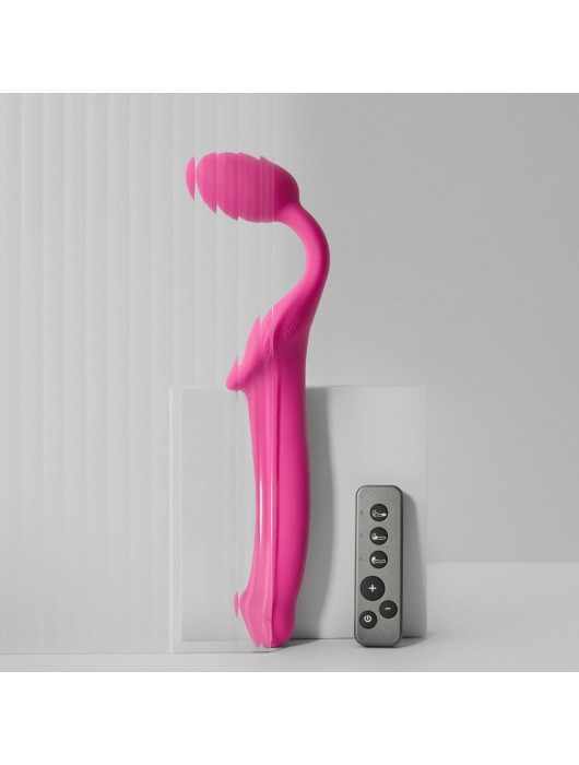 Ярко-розовый безремневой страпон Strap-on-me Vibrating Bendable Strap-On size XL - Strap-on-me - купить с доставкой в Первоуральске