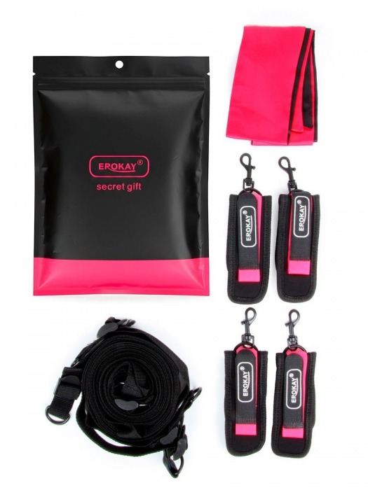 Черно-розовый эротический набор: фиксатор, оковы, наручники, повязка - Erokay - купить с доставкой в Первоуральске