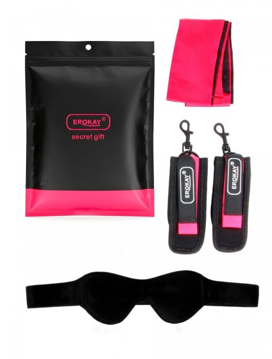 Черно-розовый эротический набор: маска, наручники и повязка - Erokay - купить с доставкой в Первоуральске