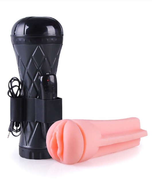 Телесный мастурбатор-вагина в черной колбе с вибрацией - Boys of Toys - в Первоуральске купить с доставкой