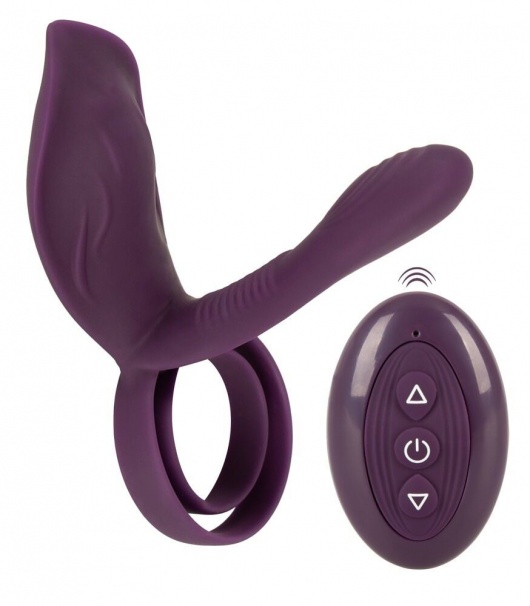 Фиолетовая насадка на член с клиторальным отростком и пультом ДУ RC Couple’s Vibrator 2 - Orion - в Первоуральске купить с доставкой