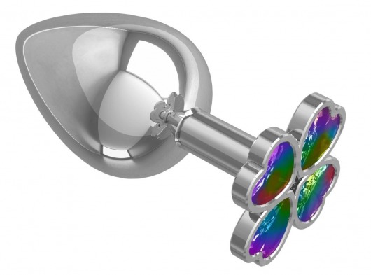 Серебристая анальная пробка-клевер с радужным кристаллом - 9,5 см. - Джага-Джага - купить с доставкой в Первоуральске